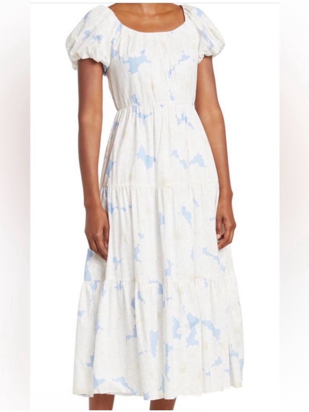 Calvin Klein Size 12 Light Blue & White Puff-Sleeve Tiered Maxi Dress